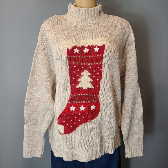 Vintage Liz Claiborne Sweater Womens Size XL 90s Christmas Stocking Holiday Ski - Picture 1 of 11